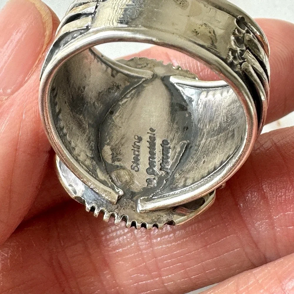 Big Navajo Mens Turquoise Ring Sz 11 Lightning Signed Denetdale Sterling Native